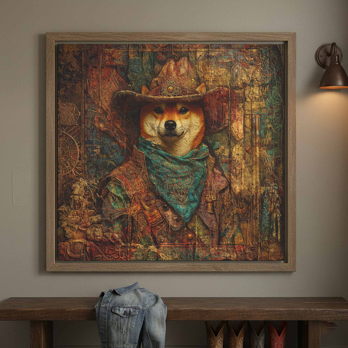 Western Cowboy Shiba Inu Canvas Print – canvas print shown framed in a styled room