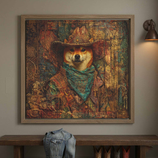 Western Cowboy Shiba Inu Canvas Print – canvas print shown framed in a styled room
