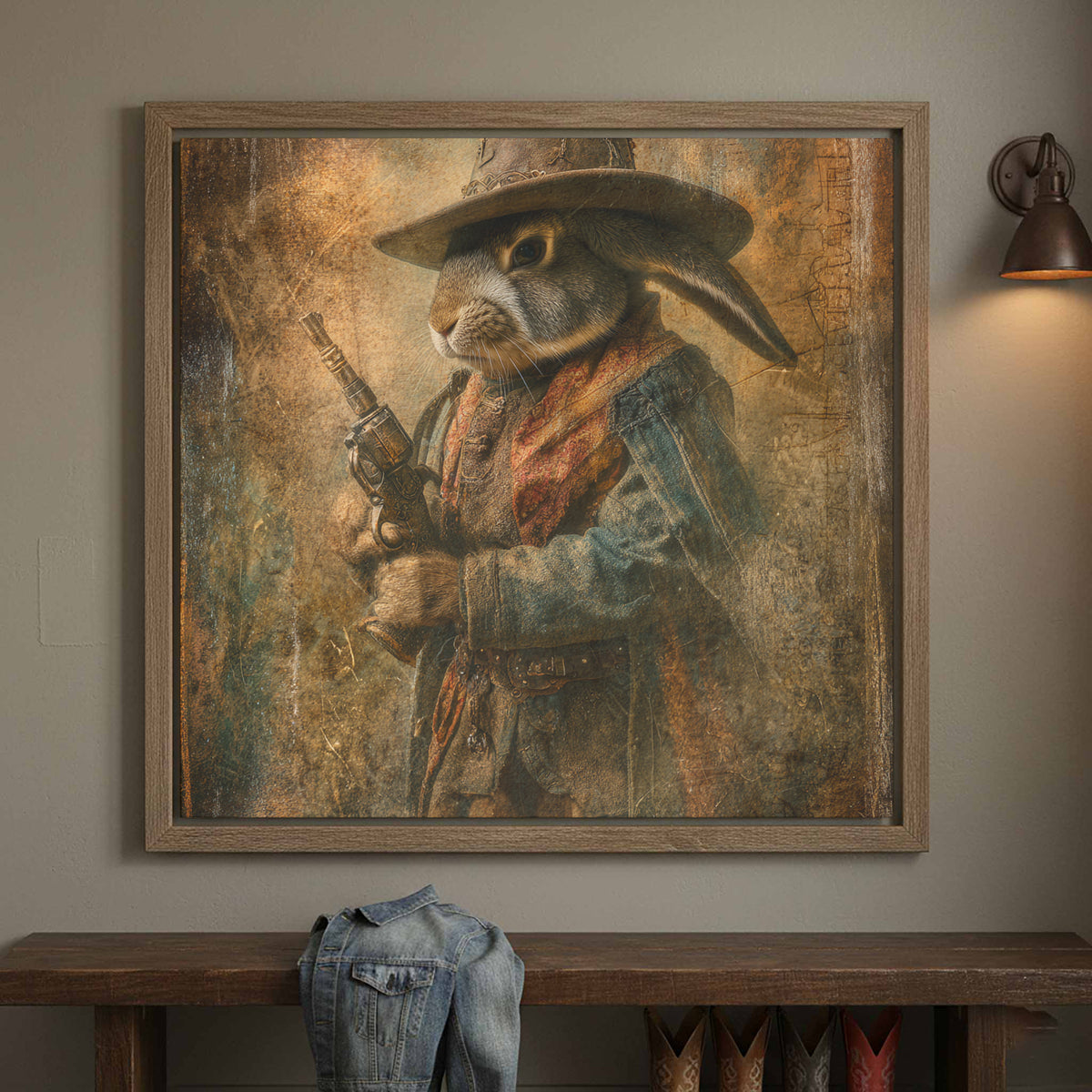 Western Cowboy Rabbit Canvas Wall Art – canvas print shown framed in a styled room