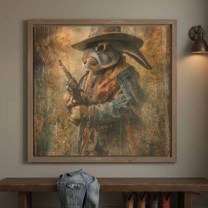 Western Cowboy Rabbit Canvas Wall Art – canvas print shown framed in a styled room