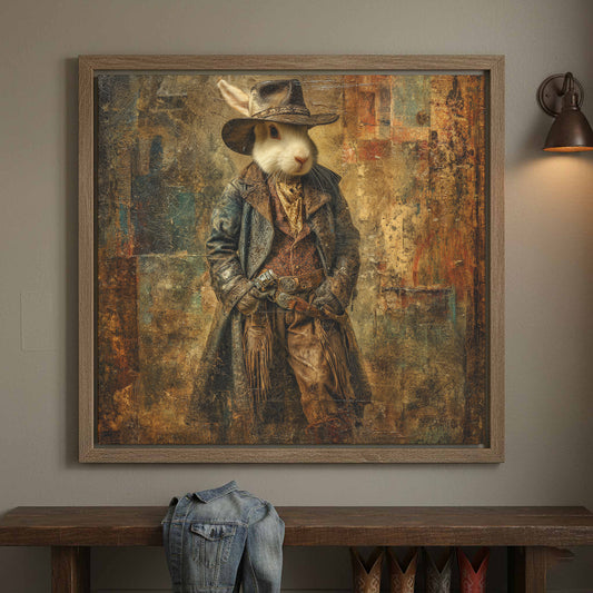 White Rabbit Cowboy Wall Art – canvas print shown framed in a styled room