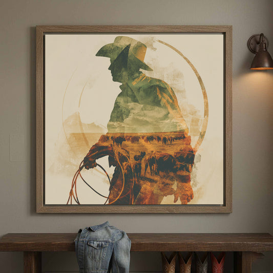 Western Cowboy Double Exposure Canvas Print – canvas print shown framed in a styled room