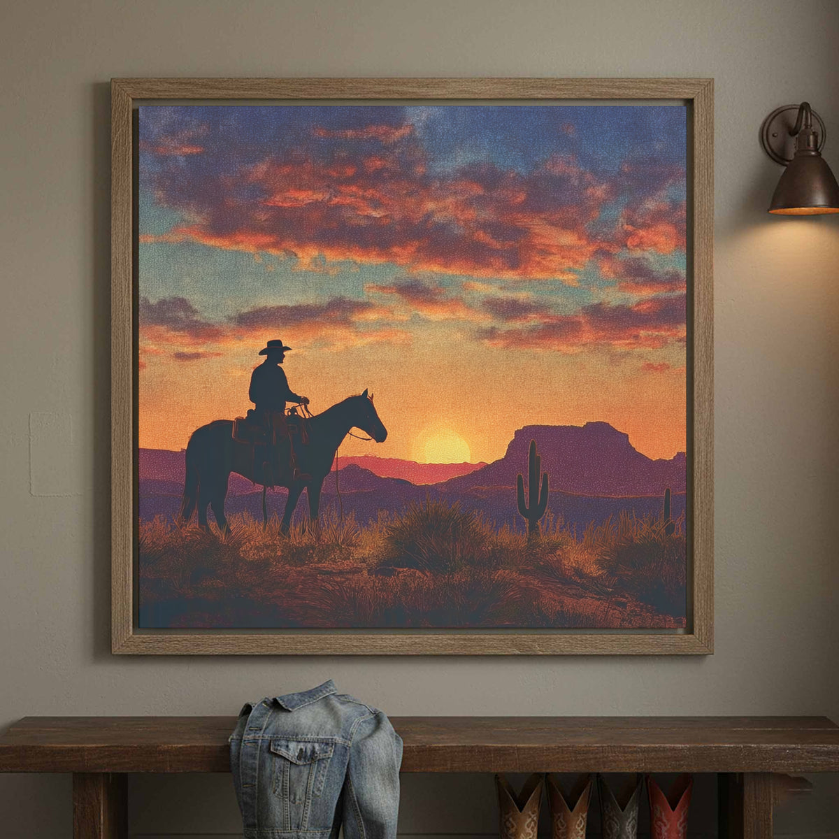 Western Cowboy Silhouette Canvas Art – canvas print shown framed in a styled room