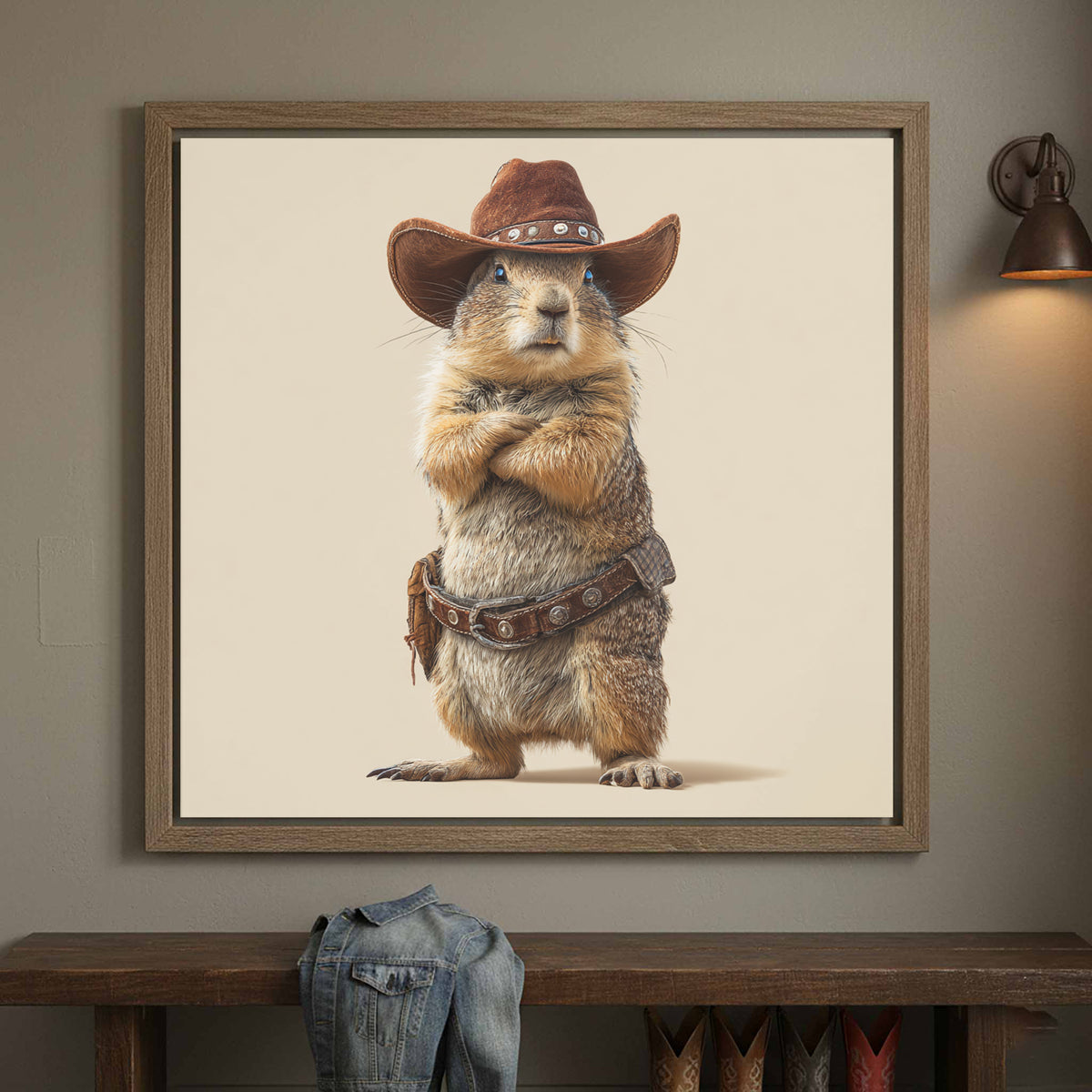 Prairie Dog Cowboy Canvas Print – canvas print shown framed in a styled room