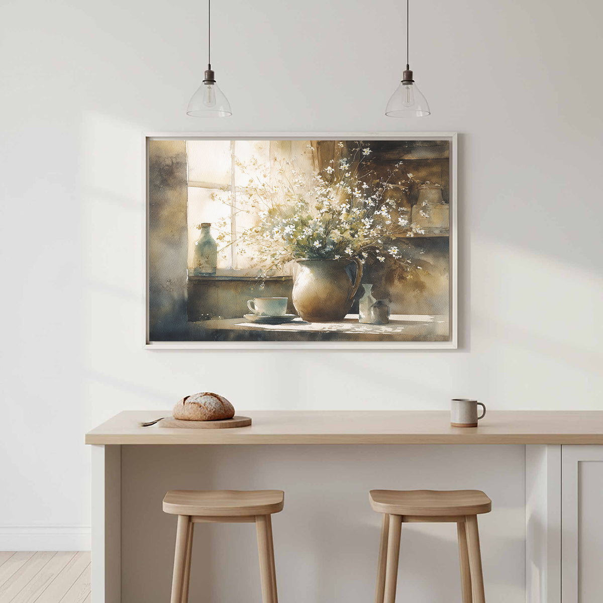Watercolor Still Life Print – canvas print shown framed in a styled room