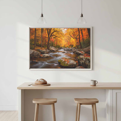 Autumn Forest Stream Canvas Wall Art – canvas print shown framed in a styled room