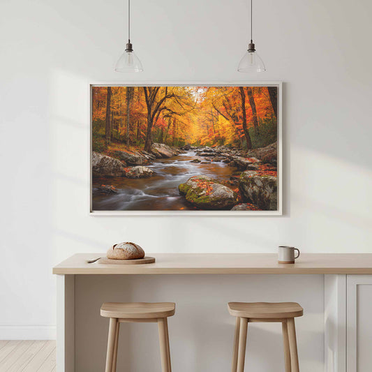 Autumn Forest Stream Canvas Wall Art – canvas print shown framed in a styled room