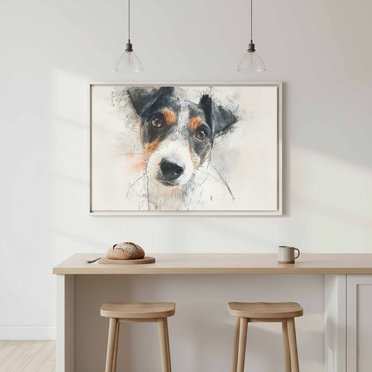 Jack Russell Terrier Dog Portrait Wall Art – canvas print shown framed in a styled room
