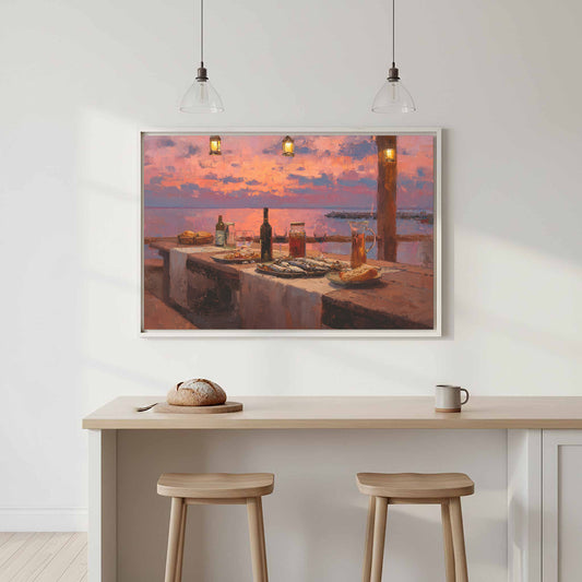 Sicilian Seaside Canvas Print – canvas print shown framed in a styled room