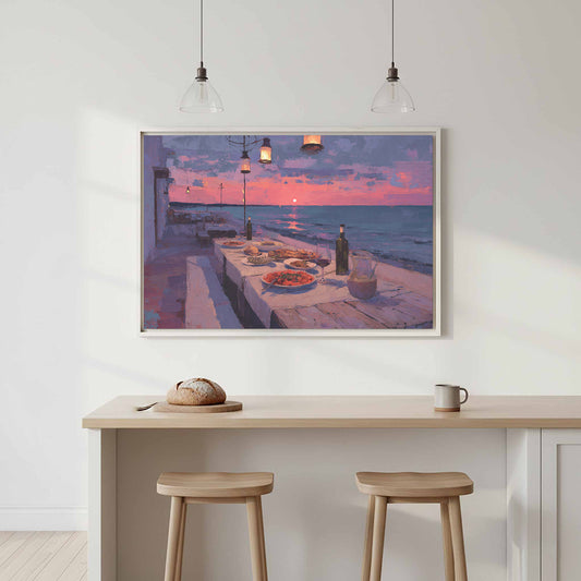 Sicilian Seaside Impressionist Canvas Art – canvas print shown framed in a styled room