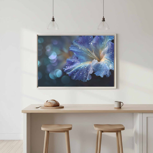 Blue Flower Petal Canvas Print – canvas print shown framed in a styled room