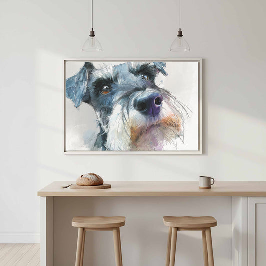 Miniature Schnauzer Portrait Print – canvas print shown framed in a styled room