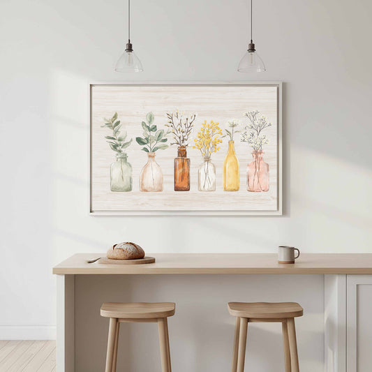 Botanical Glass Bottles Print – canvas print shown framed in a styled room