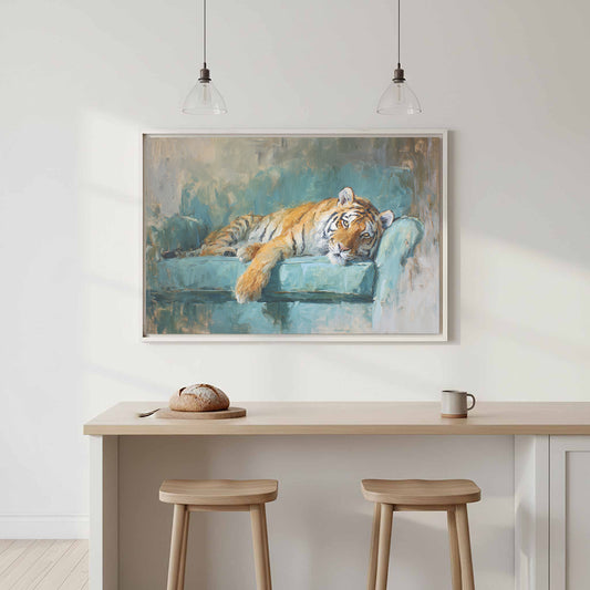 Tiger Lounging Canvas Print – canvas print shown framed in a styled room