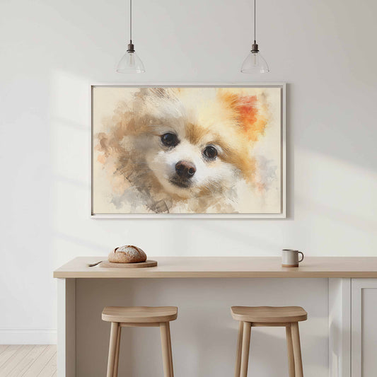 Pomeranian Dog Portrait Canvas Print – canvas print shown framed in a styled room