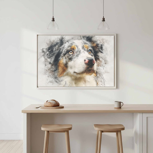 Australian Shepherd Portrait Canvas Print – canvas print shown framed in a styled room