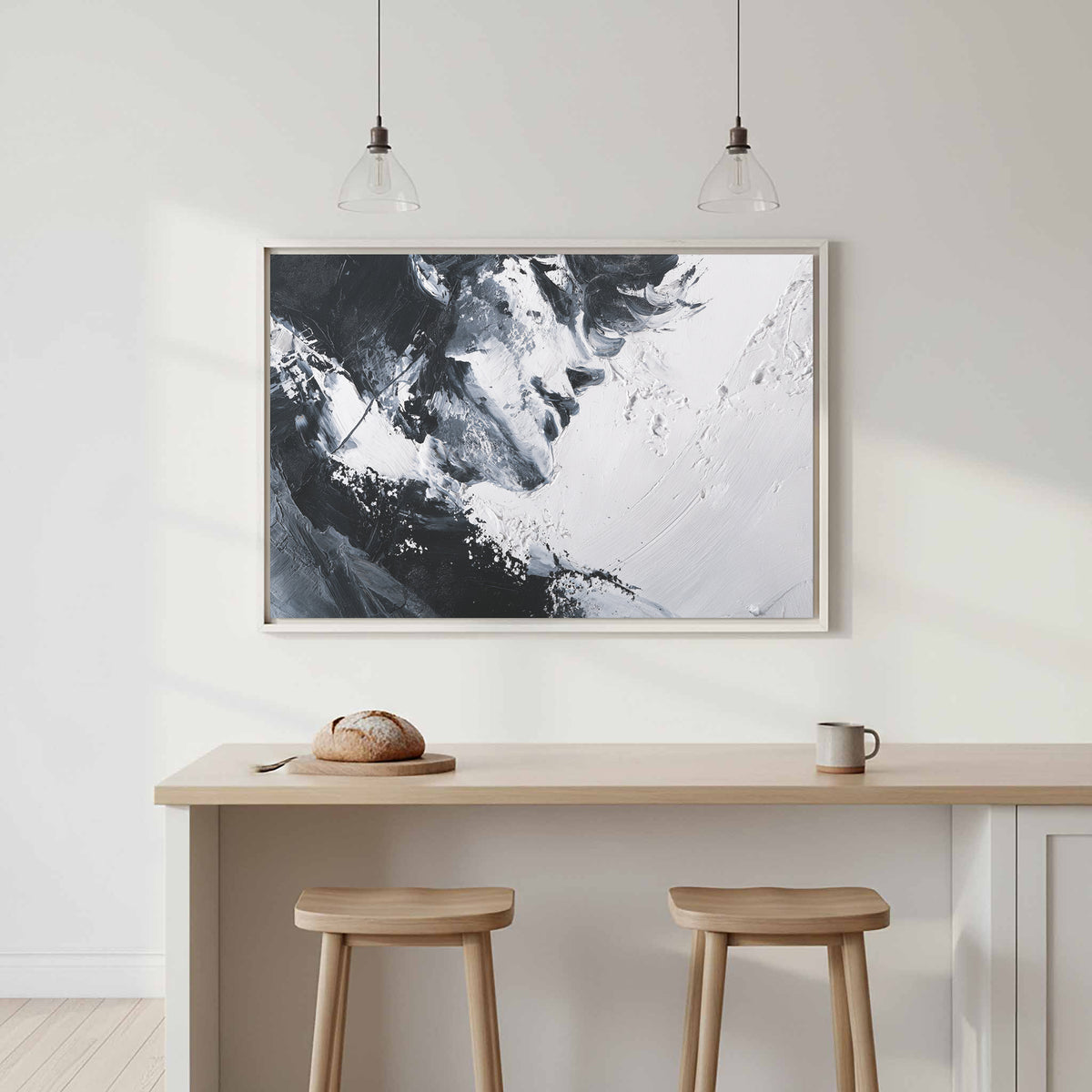 Abstract Intimate Couple Wall Art – canvas print shown framed in a styled room