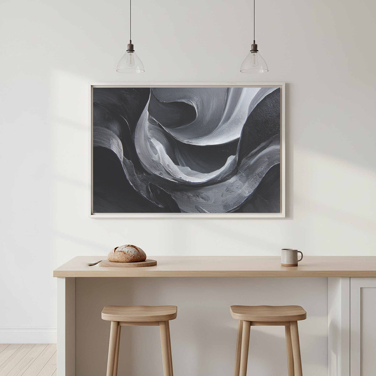 Abstract Monochrome Figure Wall Art – canvas print shown framed in a styled room