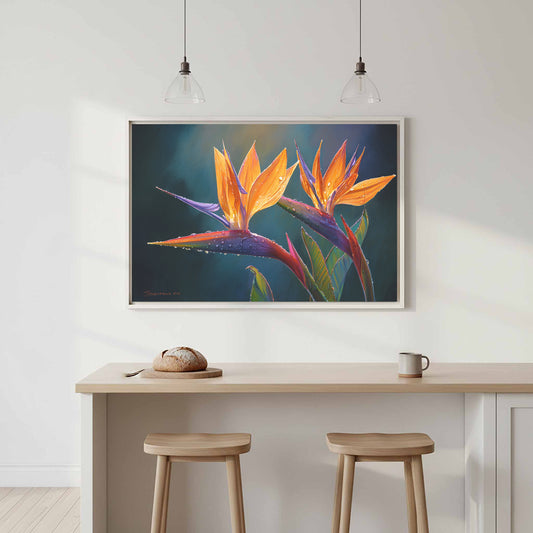 Bird of Paradise Canvas Art – canvas print shown framed in a styled room