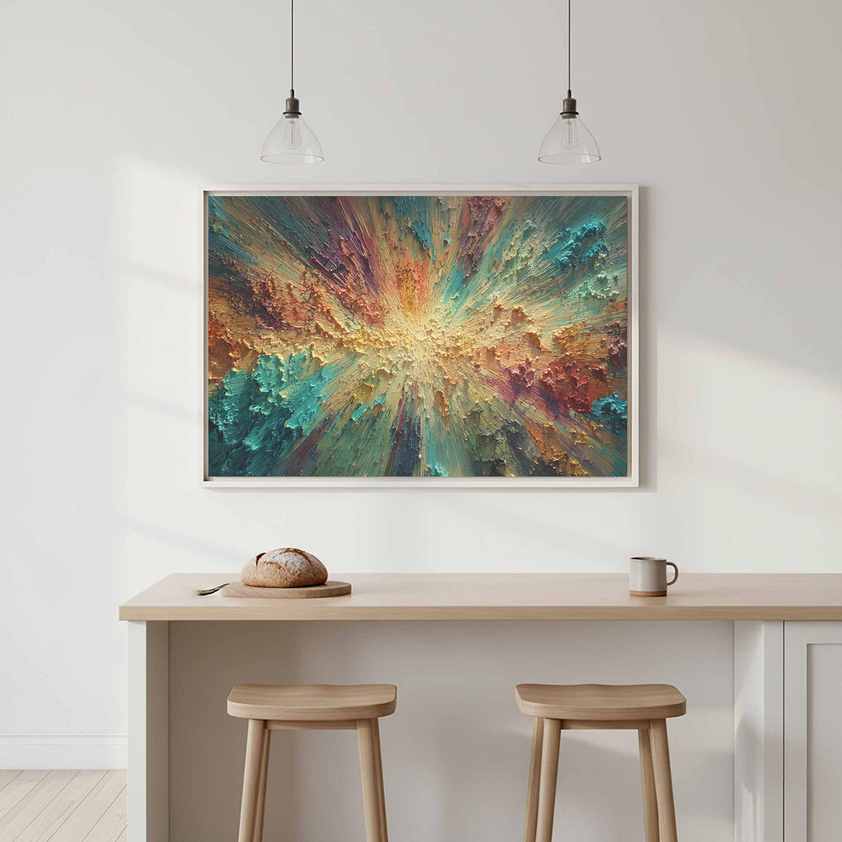 Abstract Burst Canvas Wall Art – canvas print shown framed in a styled room
