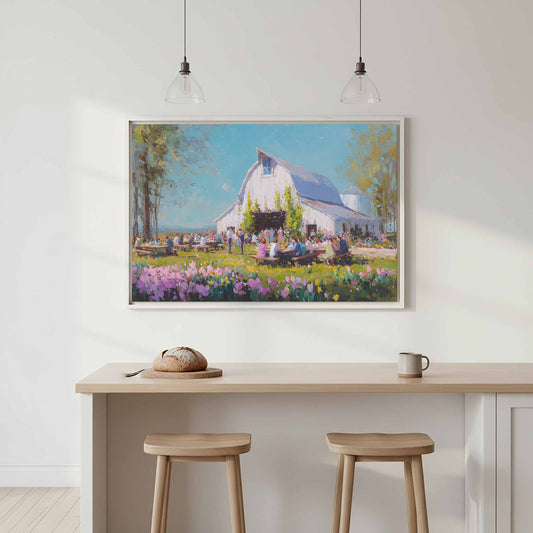 Spring Barn Wedding Art Print – canvas print shown framed in a styled room