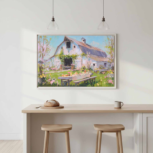 Spring Barn Wedding Canvas Print – canvas print shown framed in a styled room