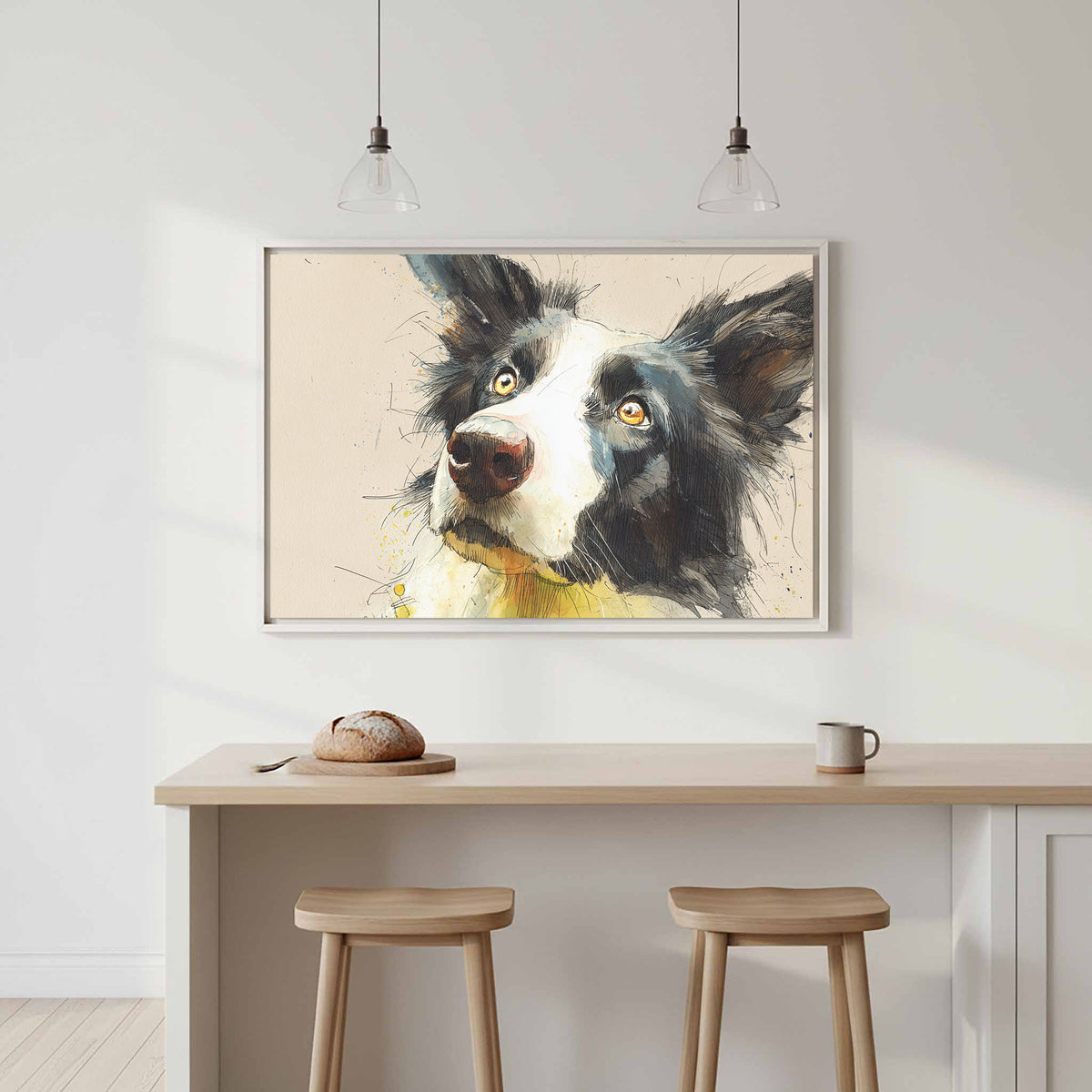 Border Collie Dog Portrait Canvas Print – canvas print shown framed in a styled room