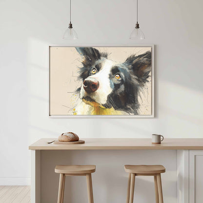 Border Collie Dog Portrait Canvas Print – canvas print shown framed in a styled room