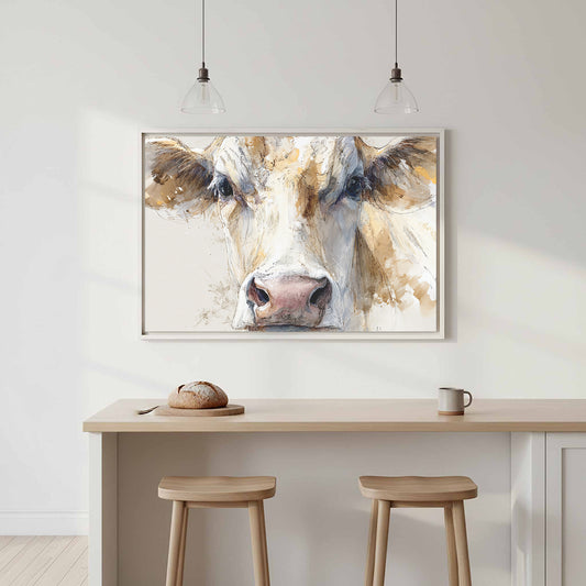 Cow Portrait Canvas Wall Art – canvas print shown framed in a styled room