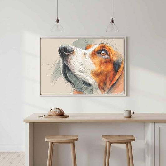 Basset Hound Portrait Canvas Print – canvas print shown framed in a styled room