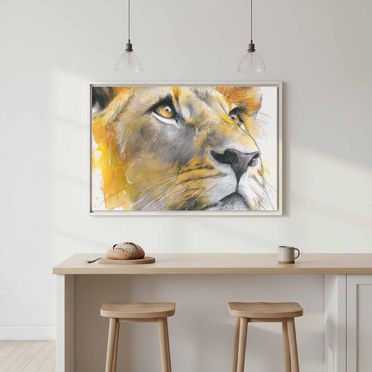 Lion Portrait Canvas Wall Art – canvas print shown framed in a styled room