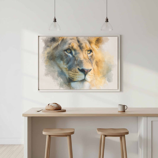 Lion Portrait Canvas Print – canvas print shown framed in a styled room