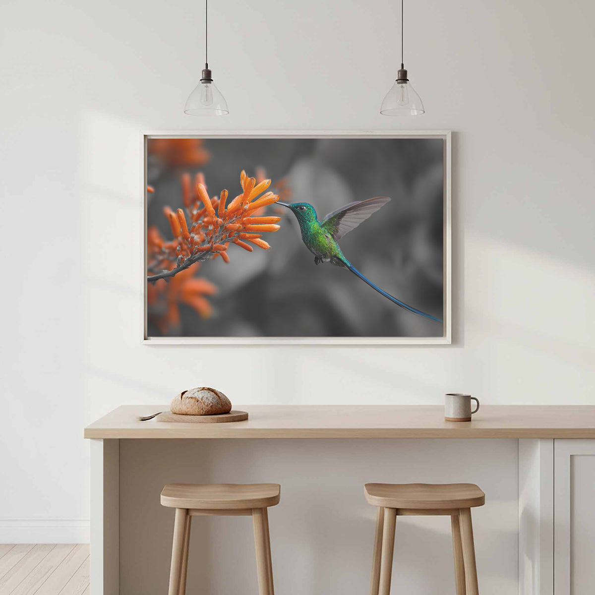 Hummingbird Canvas Wall Art – canvas print shown framed in a styled room