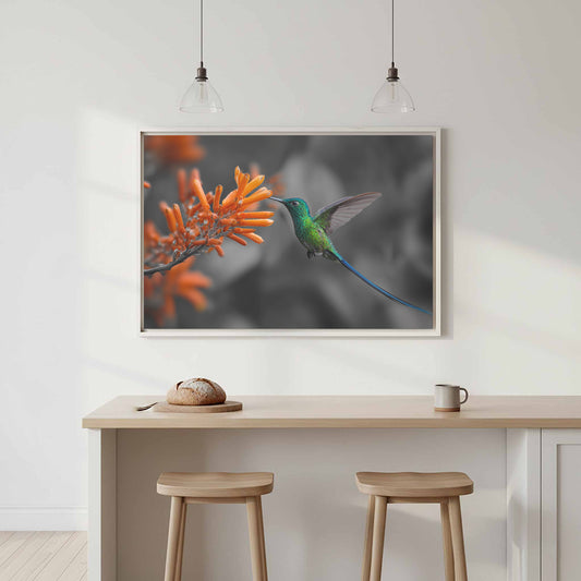 Hummingbird Canvas Wall Art – canvas print shown framed in a styled room