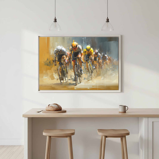 Dynamic Cycling Race Canvas Print – canvas print shown framed in a styled room