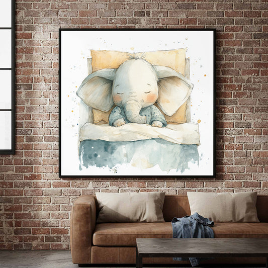 Baby Elephant Nursery Wall Art – canvas print shown framed in a styled room