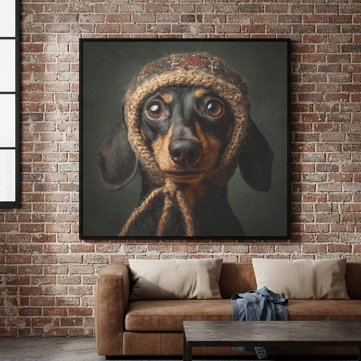 Dachshund German Hat Canvas Print – canvas print shown framed in a styled room