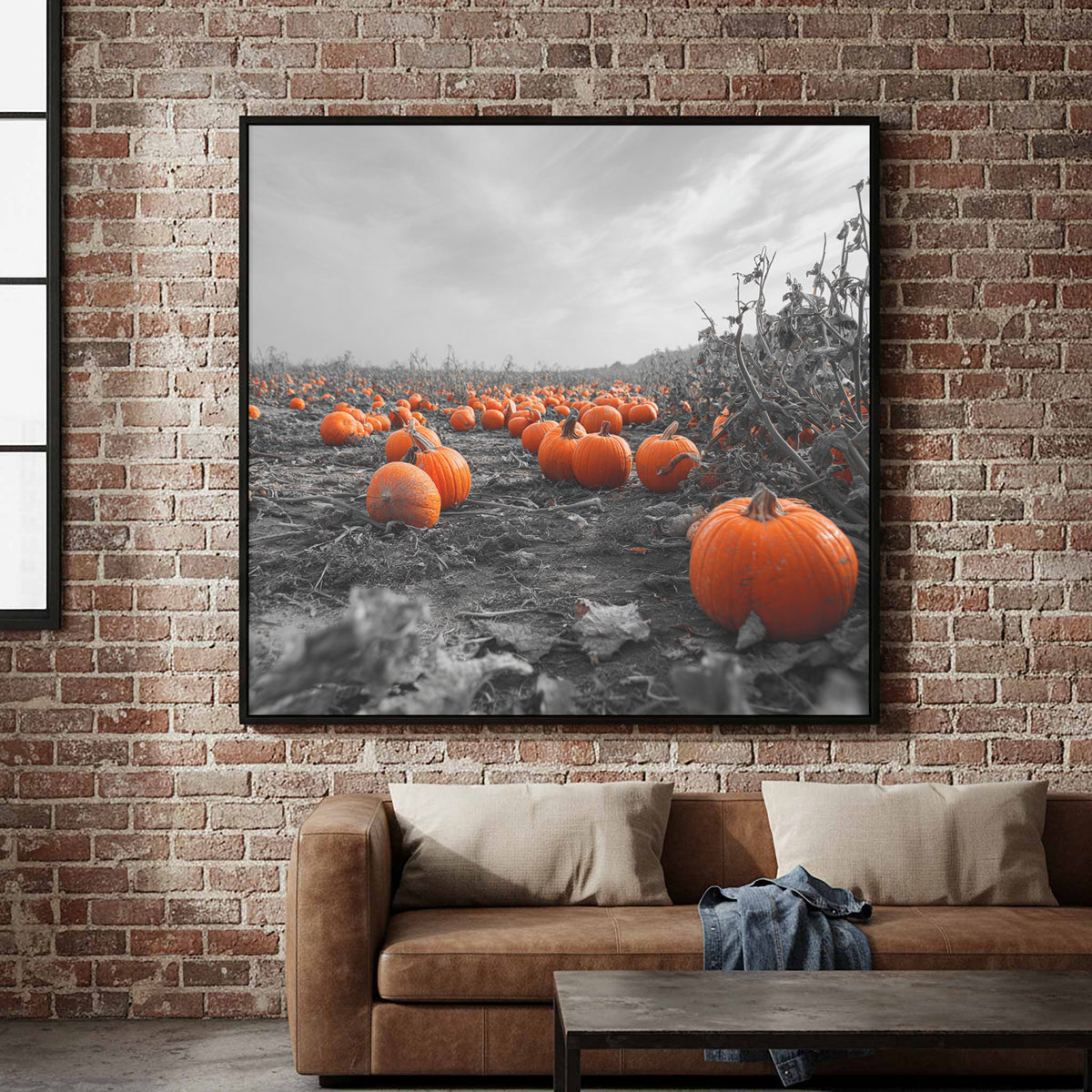 Autumn Pumpkin Field Wall Art – canvas print shown framed in a styled room