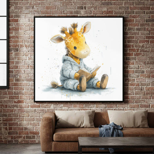 Baby Giraffe Reading Wall Art – canvas print shown framed in a styled room