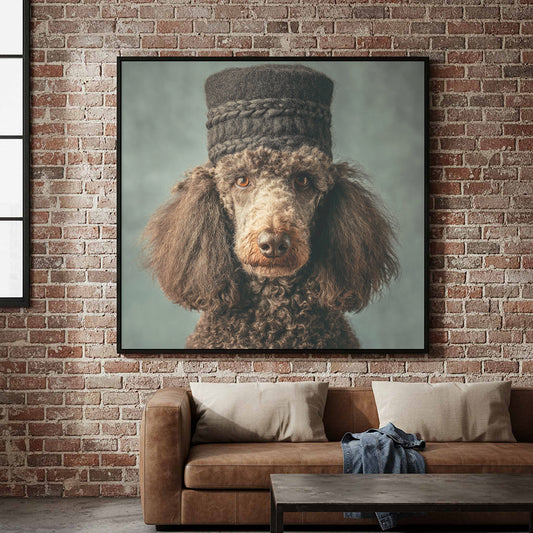 Poodle German Hat Canvas Print – canvas print shown framed in a styled room