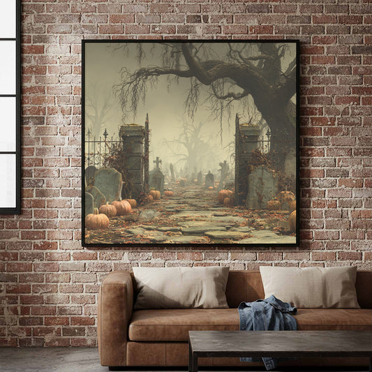 Halloween Graveyard Canvas Wall Art – canvas print shown framed in a styled room