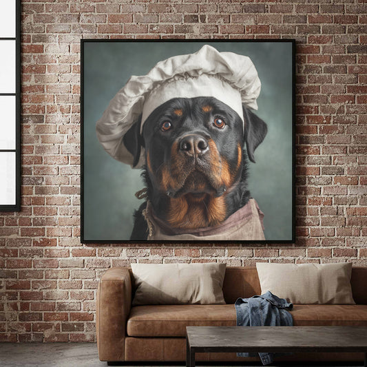 Rottweiler Chef Canvas Wall Art – canvas print shown framed in a styled room