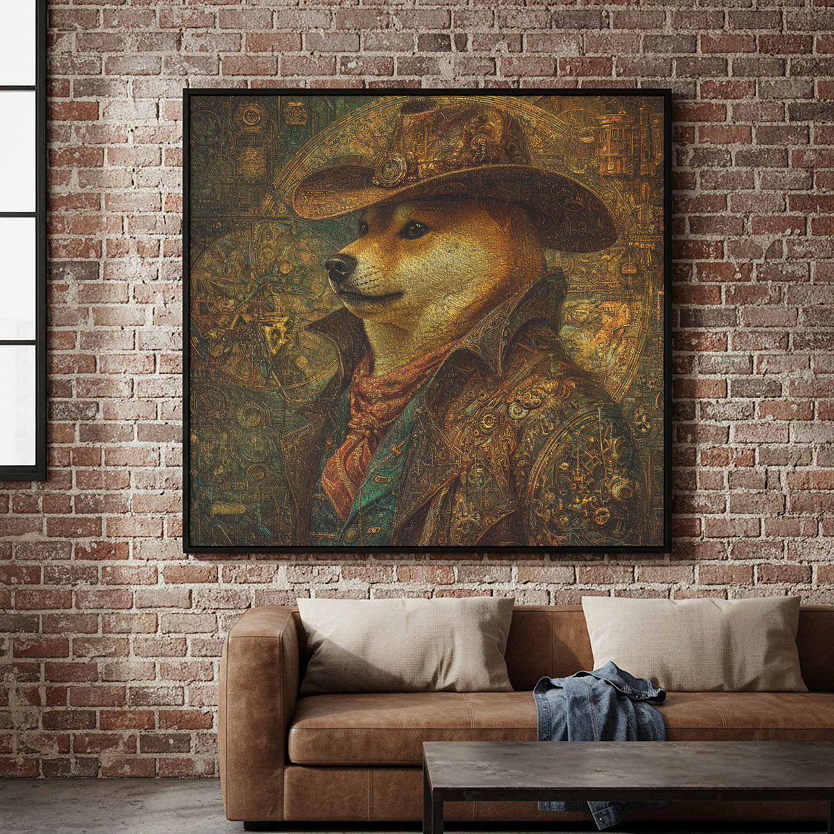 Steampunk Shiba Inu Western Canvas Art – canvas print shown framed in a styled room