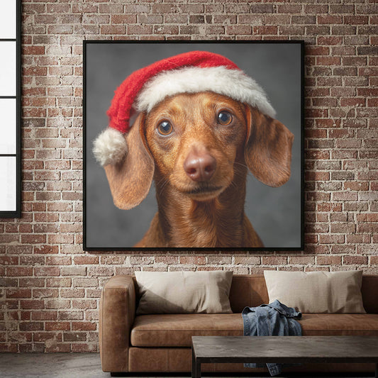 Dachshund Santa Hat Christmas Canvas Wall Art – canvas print shown framed in a styled room