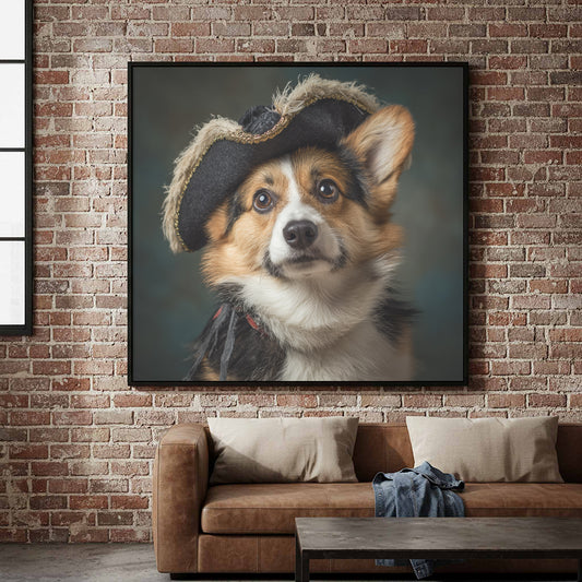 Corgi Pirate Canvas Print – canvas print shown framed in a styled room