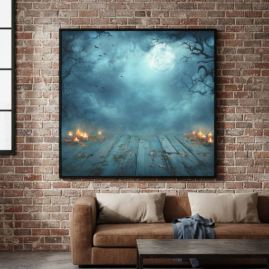 Halloween Moon Canvas Wall Art – canvas print shown framed in a styled room