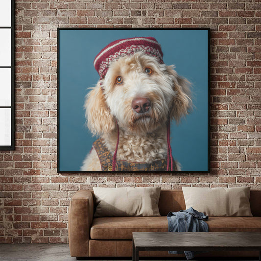 Pyredoodle Dog Portrait Wall Art – canvas print shown framed in a styled room
