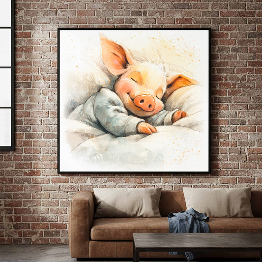 Sleeping Piglet Canvas Wall Art – canvas print shown framed in a styled room