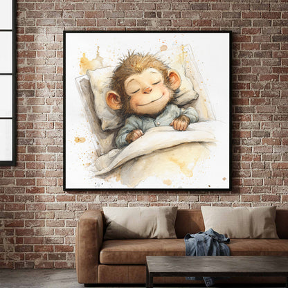 Sleeping Monkey Watercolor Print – canvas print shown framed in a styled room