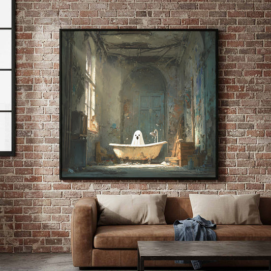 Ghost Bathroom Wall Art – canvas print shown framed in a styled room